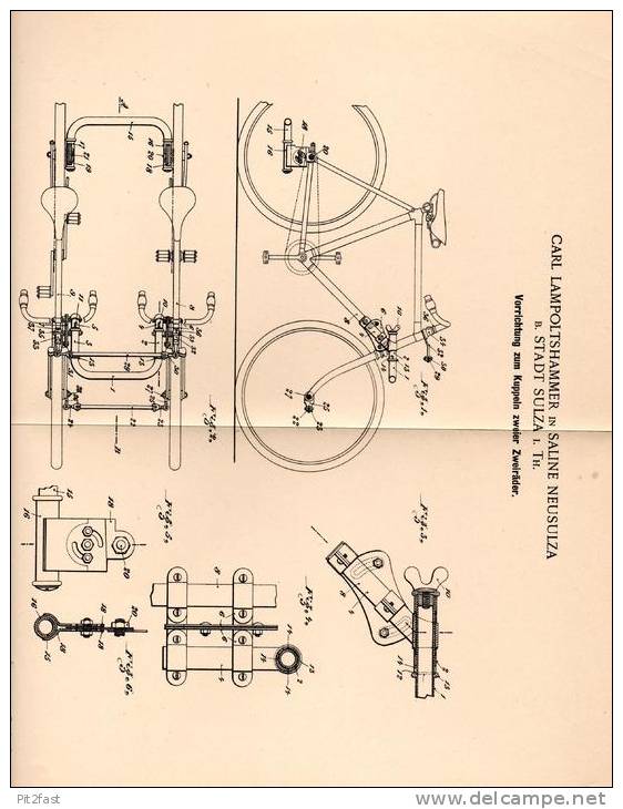 Original Patentschrift - C. Lampoltshammer In Saline Neusulza B. Sulza I.Th., 1900 , Kupplung Zweier Zweiräder , Tandem - Motos