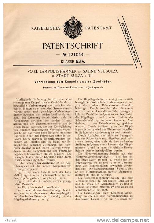 Original Patentschrift - C. Lampoltshammer In Saline Neusulza B. Sulza I.Th., 1900 , Kupplung Zweier Zweiräder , Tandem - Motorräder
