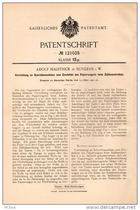 Original Patentschrift - A. Halstrick In Sundern I.W., 1900 , Schreibmaschine , Papierwagen !!! - Sundern