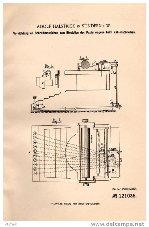 Original Patentschrift - A. Halstrick In Sundern I.W., 1900 , Schreibmaschine , Papierwagen !!! - Sundern