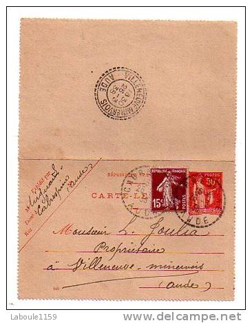 ENTIER POSTAL CARTE LETTRE Paix + Timbre Semeuse Année 1938 : CABRESPINE VILLENEUVE MINERVOIS - Cartoline-lettere