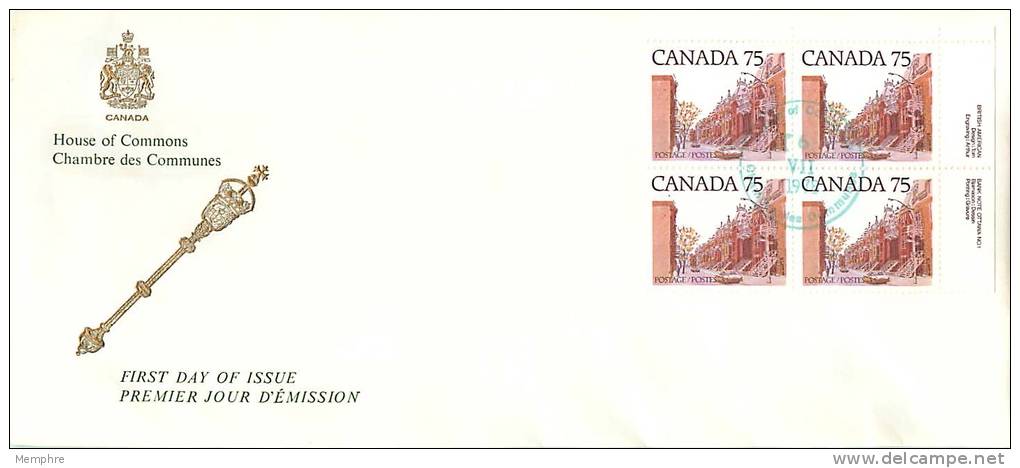 1978  75 Cents Definitive Row Houses Plate Block House Of Commons Cachet Chambre Des Communes Sc 724 - 1971-1980