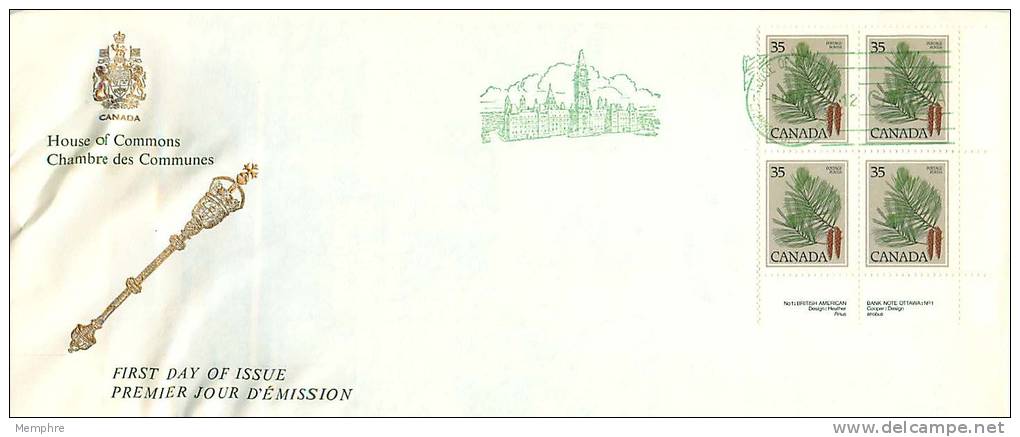 1978  35 Cents White PinePlate Block House Of Commons Cachet Chambre Des Communes Sc 721 - 1971-1980