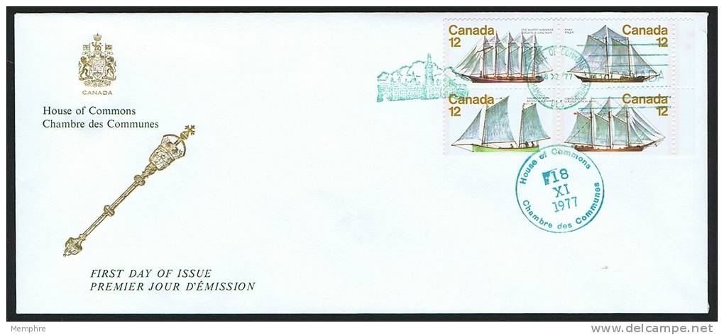 1977 Sail Boats Pl Block House Of Commons Cachet Chambre Des Communes Sc 744-7 - 1971-1980