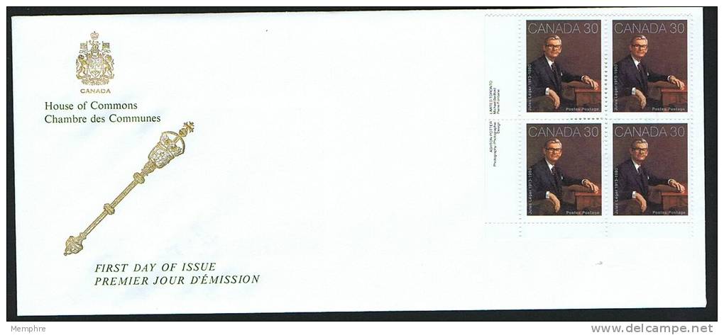 1982  J Leger, Governor General   Pl Block House Of Commons Cachet Chambre Des Communes Sc 914 - 1981-1990