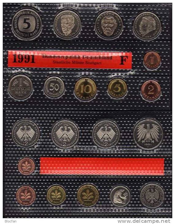 Deutschland 1991 Prägeanstalt F Stg 25€ Stempelglanz Kursmünzensatz Der Staatlichen Münze Stuttgart Set Coin Of Germany - Ongebruikte Sets & Proefsets