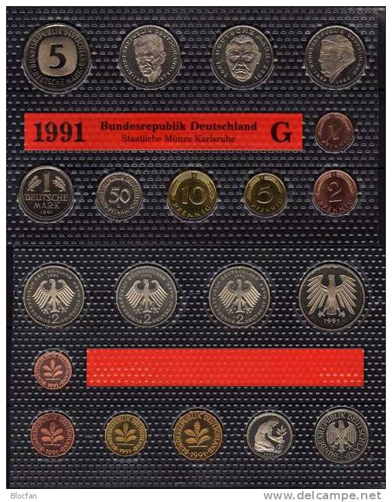 Deutschland 1991 Prägeanstalt G Stg 25€ Stempelglanz Kursmünzensatz Der Staatlichen Münze Karlsruhe Set Coin Of Germany - Mint Sets & Proof Sets
