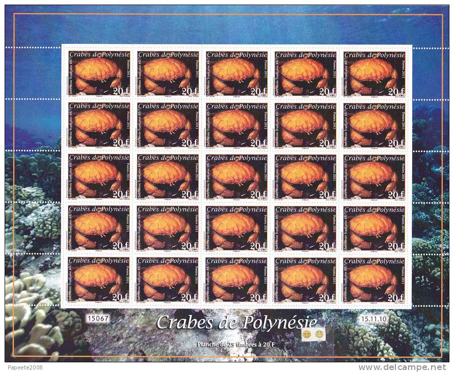 Polynésie Française / Tahiti - Feuille De 25 Timbres Neufs / 20 F / 15-11-2010 / Crabes - Ungebraucht