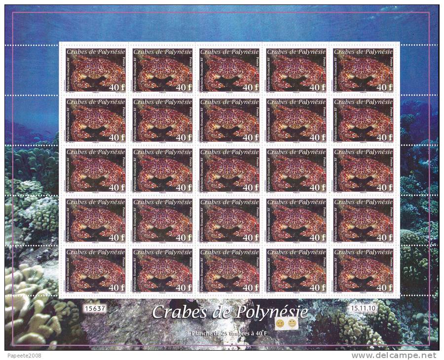 Polynésie Française / Tahiti - Feuille De 25 Timbres Neufs / 40 F / 15-11-2010 / Crabes - Neufs