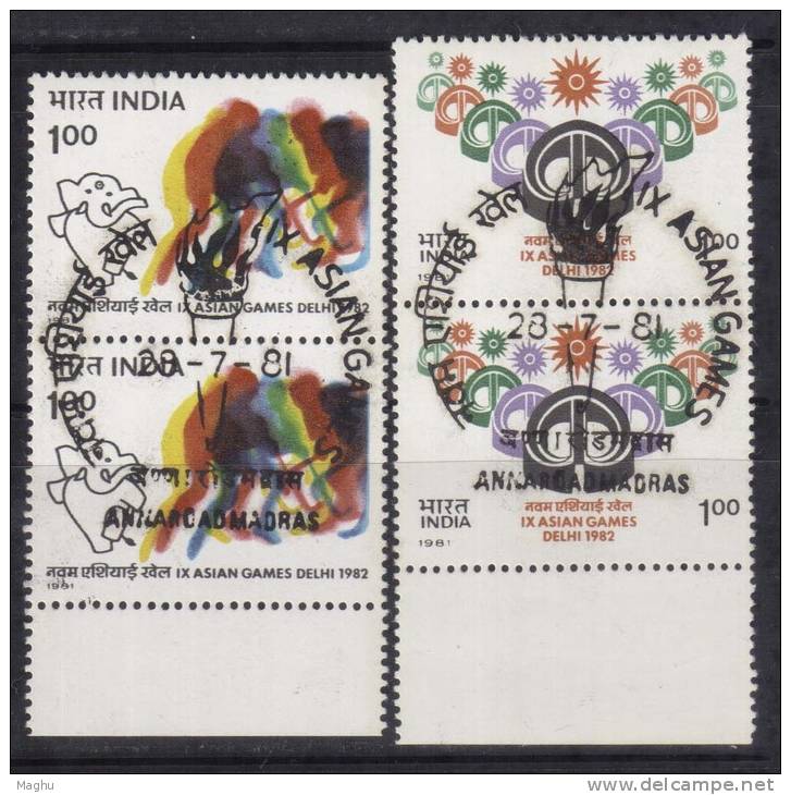 First Day Postmark On India  1981 Mint Set Pair, 2x2, Asian Games, Hockey, Sport, Elephant Mascot - Rasenhockey