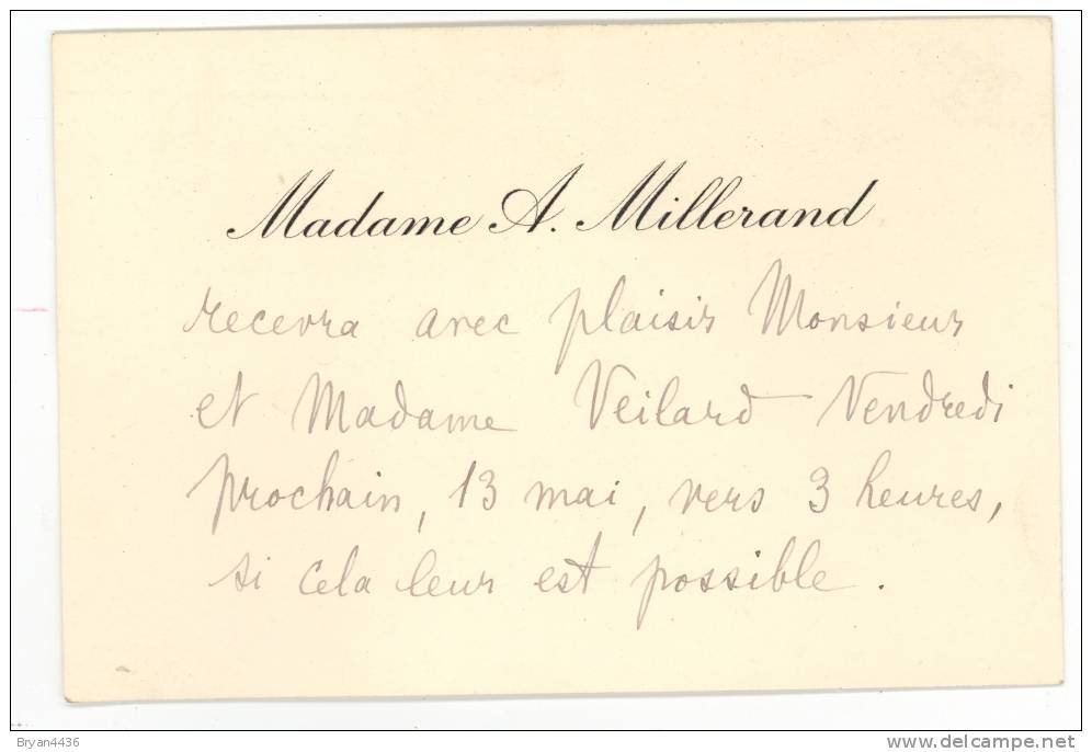 Carte Imprimée, Manuscrite De Madama A. Millerand  - (8 X 11,5 Cm) - TB (voir Scan) - Historical Documents