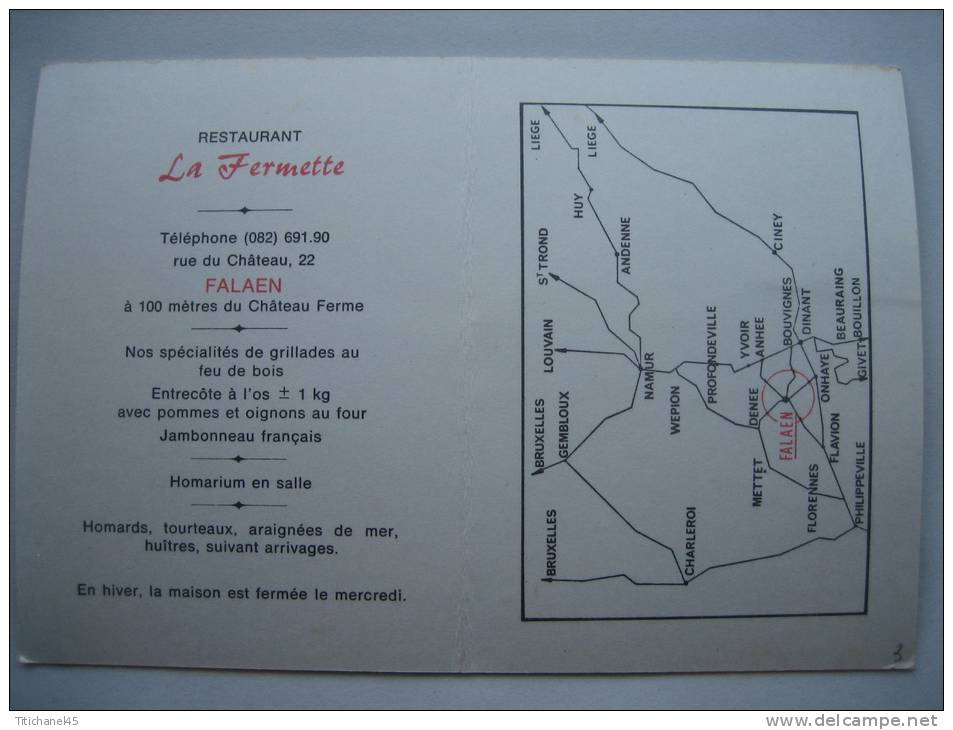 FALAEN - Restaurant "LA FERMETTE" - Carte Publicitaire En 2 Volets - Onhaye