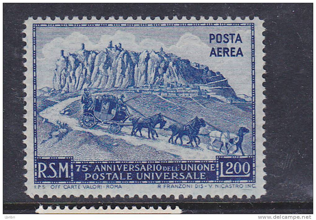 SAN MARIN N° PA 73 200L BLEU 75EME ANNIVERSAIRE DE L'UPU LÉGENDE POSTA AEREA NEUF SANS CHARNIERE - Luftpost