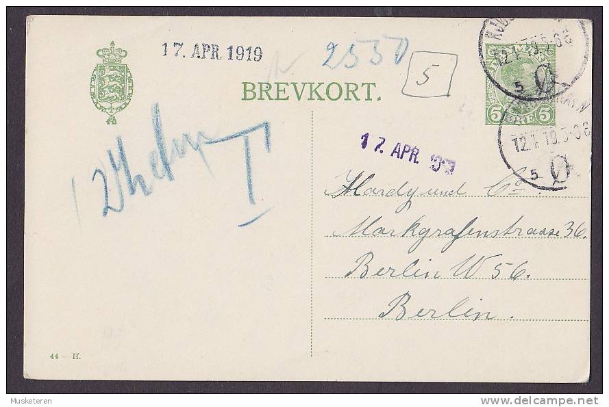 Denmark Postal Stationery Ganzsache Entier KJØBENHAVN Ø. 1919 To BERLIN Taxe Postage Due Underpaid Porto - Ganzsachen
