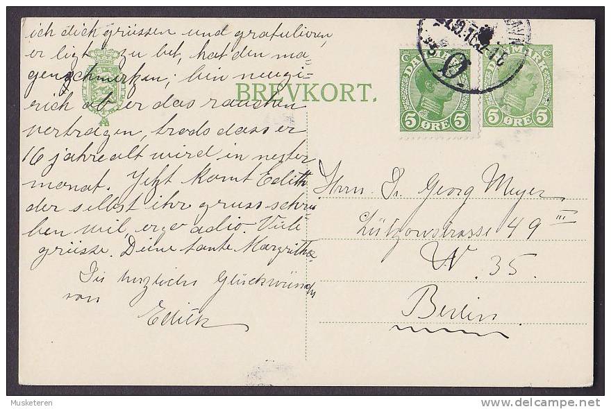 ## Denmark Uprated Postal Stationery Ganzsache Entier KJØBENHAVN Ø. 1916 To BERLIN Deutschland (2 Scans) - Postwaardestukken