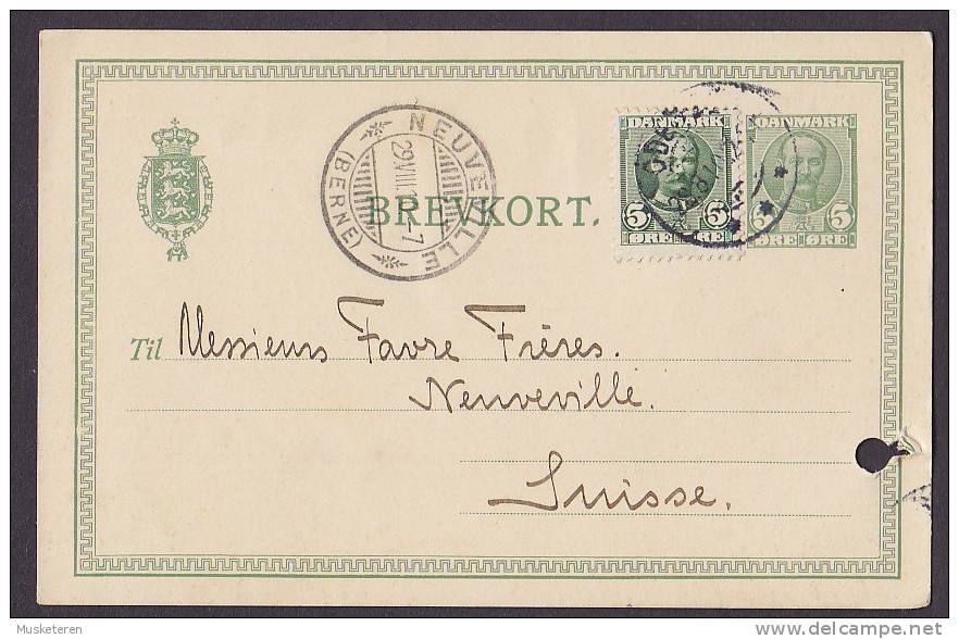 Denmark Uprated Postal Stationery Ganzsache Entier A.M. BERG Unseruds. Eftf. ODENSE 1910 NEUVEVILLE Suisse (2 Scans) - Postwaardestukken