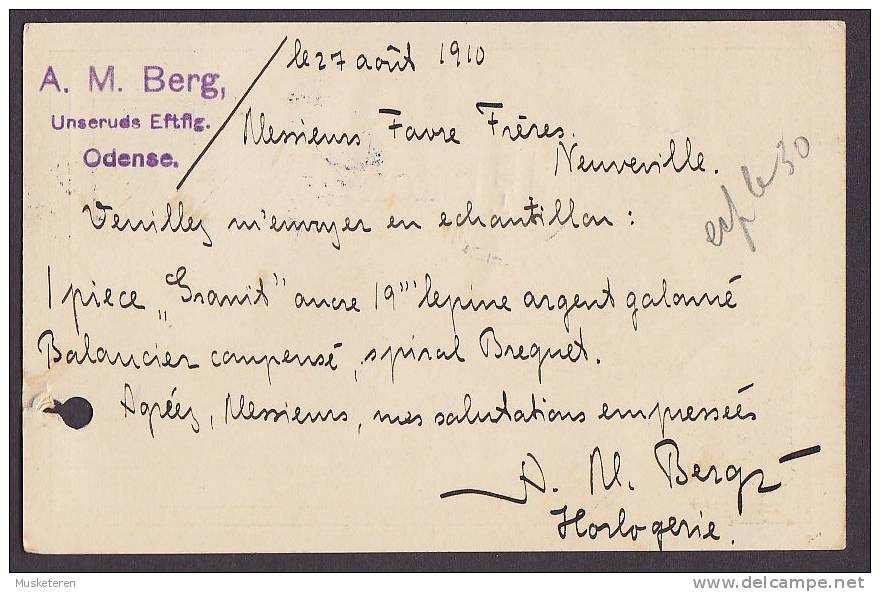 Denmark Uprated Postal Stationery Ganzsache Entier A.M. BERG Unseruds. Eftf. ODENSE 1910 NEUVEVILLE Suisse (2 Scans) - Ganzsachen
