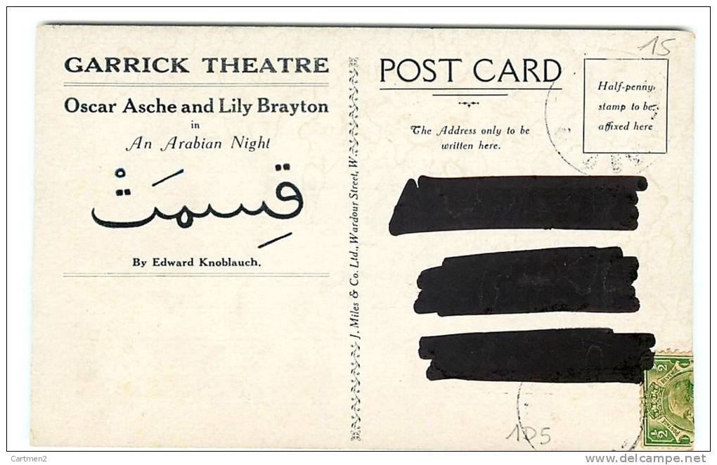 GARRICK THEATRE  " AN ARABIAN NIGHT " OSCAR ASCHE LILY BRAYTON THEATER ILLUSTRATOR J. HARRER EDWARD KNOBLAUCH AFFICHE - Theater