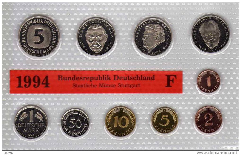 Deutschland 1994 Prägeanstalt F Stg 25€ Stempelglanz Kursmünzensatz Der Staatlichen Münze Stuttgart Set Coin Of Germany - Mint Sets & Proof Sets