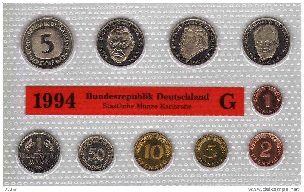 Deutschland 1994 Prägeanstalt G Stg 25€ Stempelglanz Kursmünzensatz Der Staatlichen Münze Karlsruhe Set Coin Of Germany - Münz- Und Jahressets