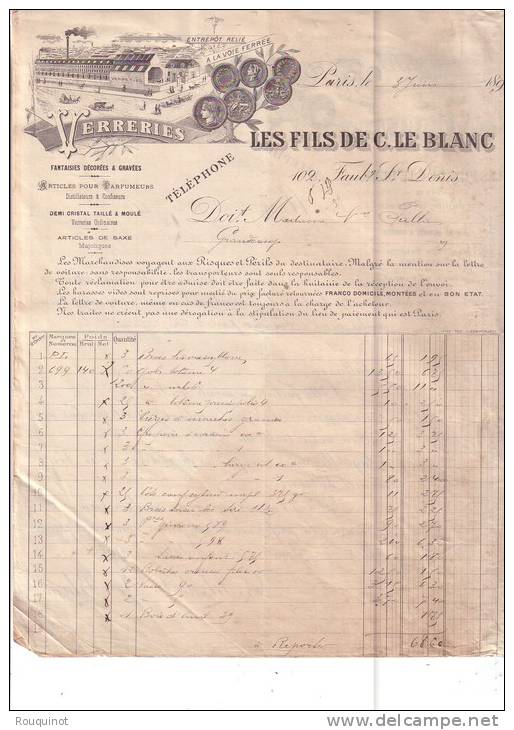 FACTURE + COURRIER + MANDAT TIMBRE - VERRERIES - LES FILS DE C. LE BLANC - FAUBOURG ST DENIS - PARIS - 1897 - 1800 – 1899