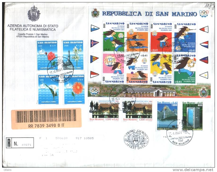San Marino 2001 FDC Europa+Emigrazione USA+Mostra EuroFlora+ Foglietto Giochi Piccoli Stati - Gebraucht