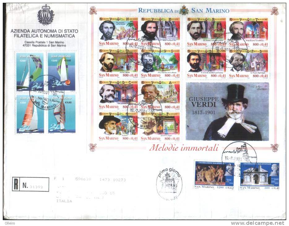 San Marino 2001 FDC Regata Velica 24 Ore San Marino+Foglietto 100 Morte Di Verdi-100 Celebrazioni Malatestiane - Gebraucht