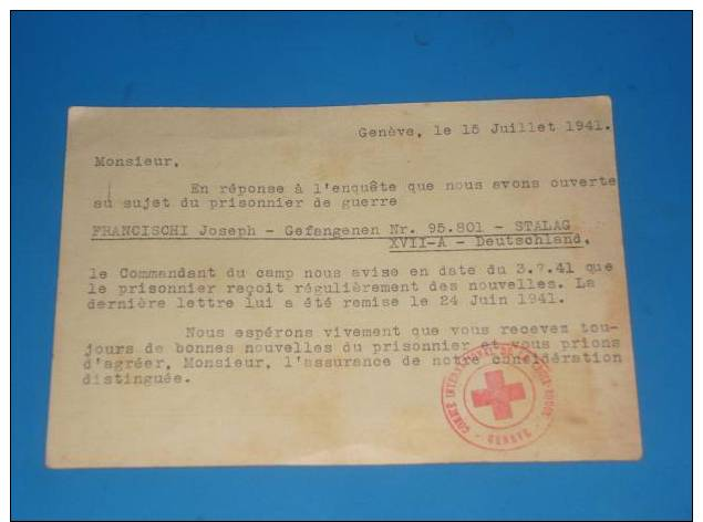 Courrier STALAG WW2 Prisonnier De Guerre Croix Rouge Geneve - Documents