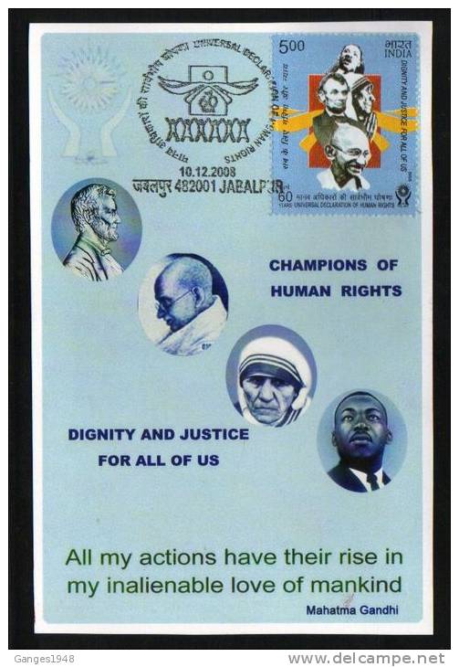 INDIA 2008  Mahatma Gandhi Mother Teresa  M.L. King Abraham Lincoln Human Rights Issue Maxi Card #  05482   Indien Inde - Mahatma Gandhi