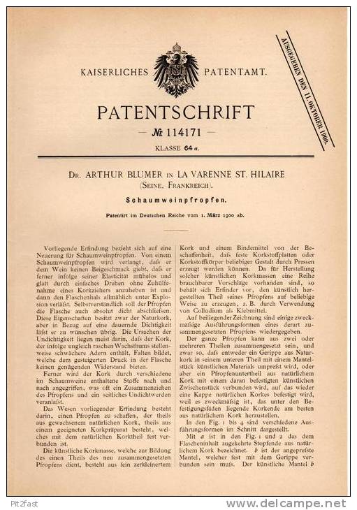 Original Patentschrift - Dr. A. Blumer In La Varenne St. Hilaire , Seine ,1900 , Korken Für Wein , Saint Maur Des Fossés - Historische Dokumente