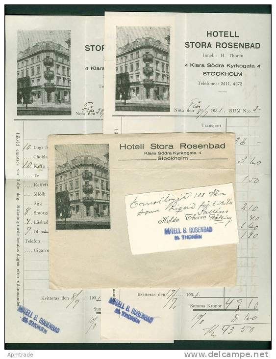 Sweden Cover Cachet.  1931 With Bill Receipts  Hotell Stora Rosenbad Stockholm - Altri & Non Classificati