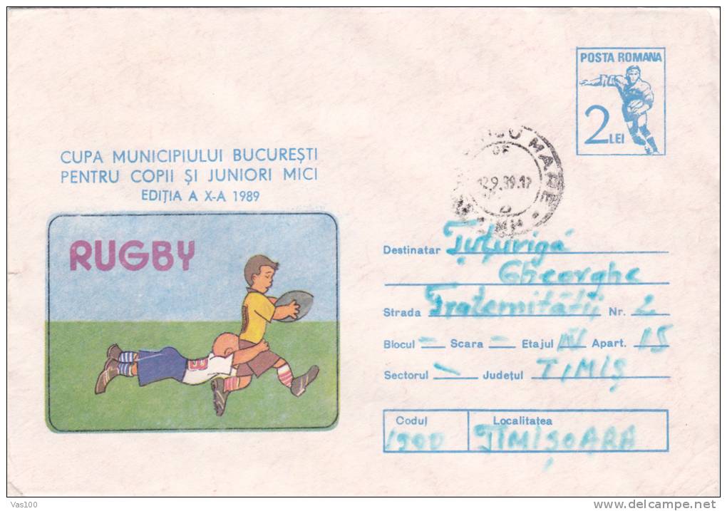 RUGBY,1989,COVER STATIONERY, ENTIER POSTAL,SENT TO MAIL, ROMANIA - Rugby