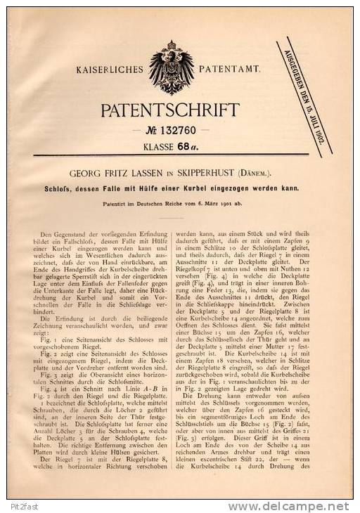 Original Patentschrift - G. Lassen In Skipperhust , Dänemark , 1901 , Schloß Mit Kurbel !!! - Historische Dokumente