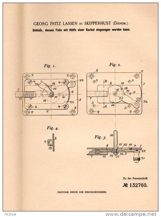 Original Patentschrift - G. Lassen In Skipperhust , Dänemark , 1901 , Schloß Mit Kurbel !!! - Historische Dokumente