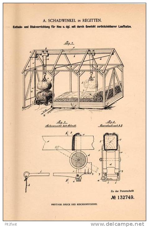 Original Patentschrift - A. Schadwinkel In Regitten / Rogity , 1901 , Apparat Für Heu , Agrar , Kaliningrad !!! - Ostpreussen
