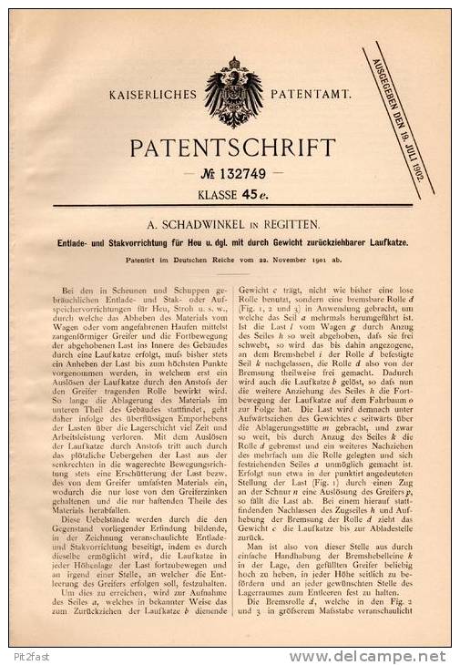 Original Patentschrift - A. Schadwinkel In Regitten / Rogity , 1901 , Apparat Für Heu , Agrar , Kaliningrad !!! - Ostpreussen