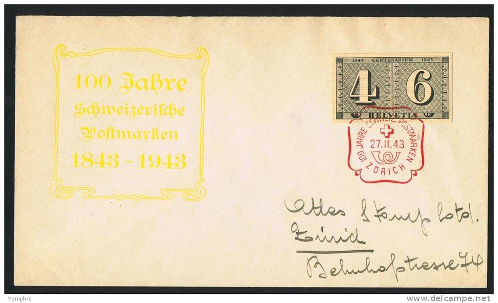 1943  Centenaire Du Timbre Poste Suisse  Timbre Du Bloc ZUM 8 - FDC