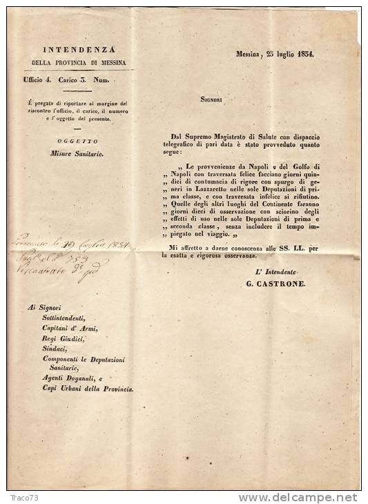 MESSINA /  CARONIA - 25.7.1854 _  Ovale  " INTEND. DELLA PROV. DI MESSINA + Altro " - 1. ...-1850 Prefilatelia