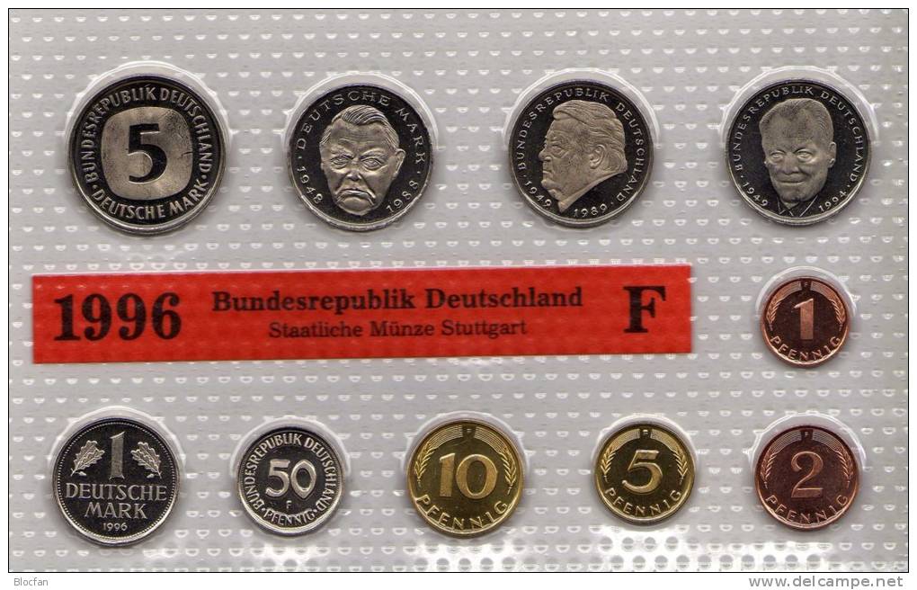 Deutschland 1996 Prägeanstalt F Stg 50€ Stempelglanz Kursmünzensatz Der Staatlichen Münze Stuttgart Set Coin Of Germany - Sets De Acuñados &  Sets De Pruebas