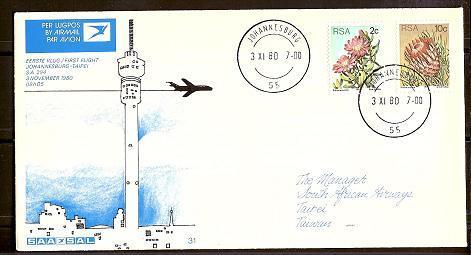 SOUTH AFRICA AIRWAYS 1980 Cover 31 JHB-Taipei F2241 - Airplanes