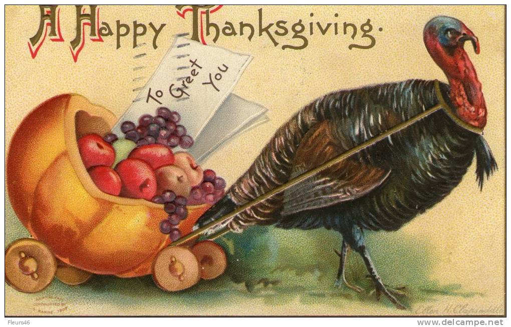 Gaufrée Signée H. CLAPSADDLE : HAPPY THANKSGIVING . Dindon,potirons, Fruits ... SUPERBE . - Clapsaddle