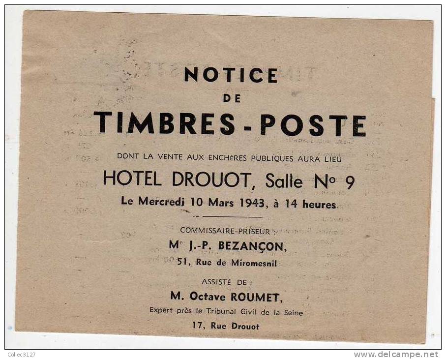 Notice De Vente De Timbres Poste à L'Hotel Drouot - 1943 - Expert Octave Roumet - Non Ouvert - Catalogues De Maisons De Vente