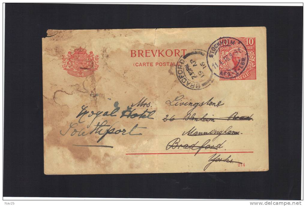 Suède , Entier Carte Postale Adréssée De Stockholm Pour Bradford Dans Le Yorkshire 1916. Cachet Arrivée . - Ganzsachen