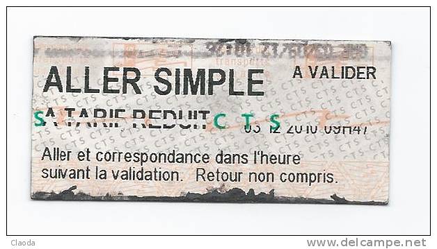 67 T - TICKET TRAMWAY  - STRASBOURG (CTS - Compagnie Transport Strasbourgeois) Aller - Simple Tarif Réduit. - Europa