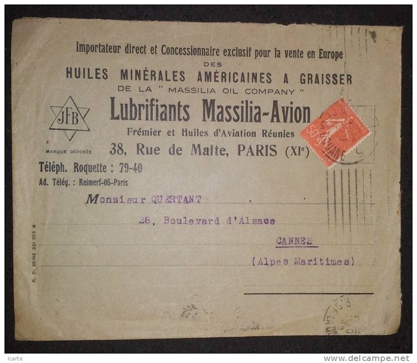 Enveloppe à En-tête LUBRIFIANTS MASSILIA AVION De Paris à Cannes 1928 - Publicidad