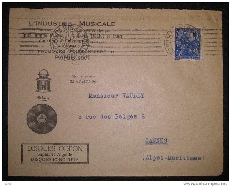 Enveloppe à En-tête DISQUES ODEON De 1929 De PARIS Pour CANNES - 78 T - Discos Para Fonógrafos