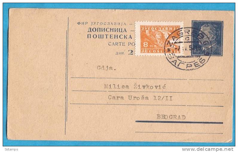 3-P JUGOSLAVIJA TITO POSTAL CARD CROAZIA FIRST PERIOD ZAGREB PER BEOGRAD - Postal Stationery