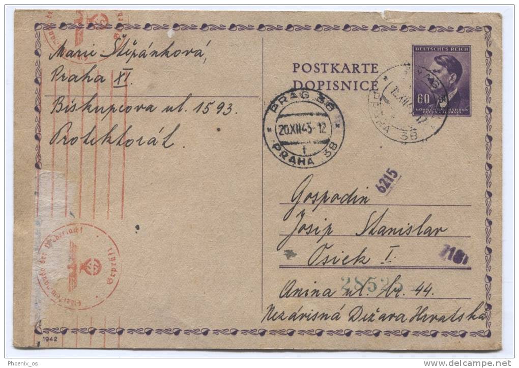 GERMANY, Third Reich, WW2 - Praha, Prag, Protectorat, 1943. Postal Stationery. Censorship, Traveled To Osijek / NDH - Covers & Documents