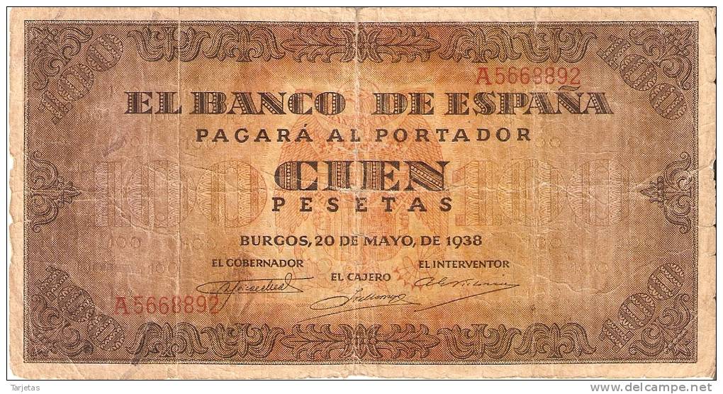 BILLETE DE ESPAÑA DE 100 PTAS 20/05/1938 SERIE A (BANK NOTE) - 100 Peseten