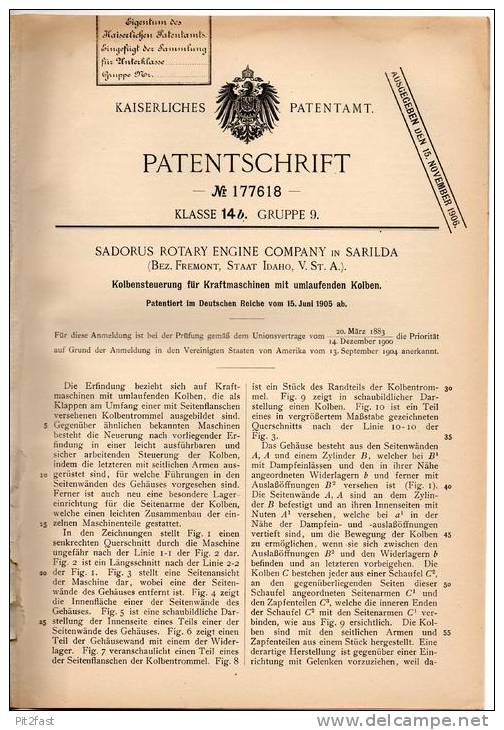 Original Patentschrift - Sadorus Rotary Engine In Sarilda , Idaho , 1905 , Kolbensteuerung Für Kraftmaschinen !!! - Máquinas